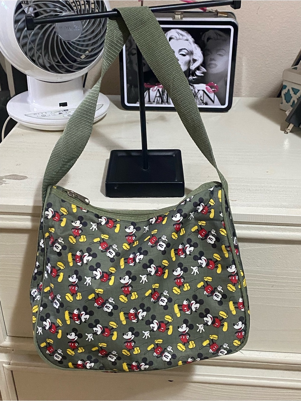 Disney Olive Green Mickey Mouse Shoulder Bag with Red & Yellow Accents